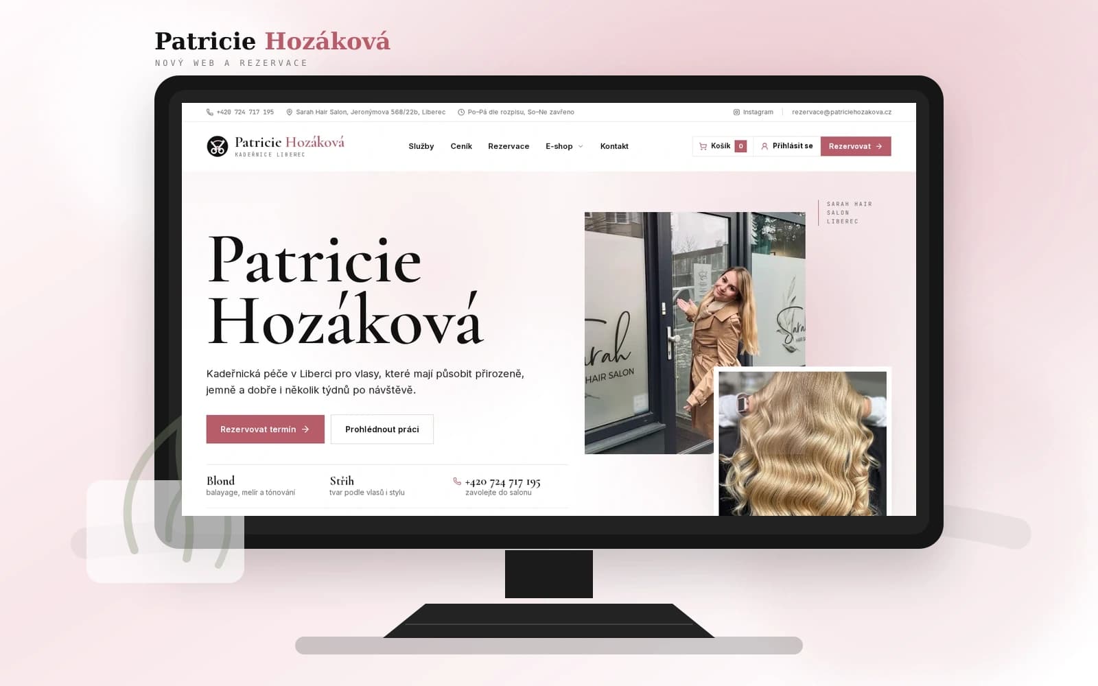 Nový web Sarah Hair Salon zobrazený v monitoru